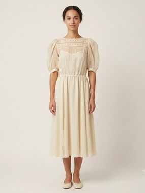 VTG Jackie Taub Cream Sheer Pleated Lace Prairie Dress Romantic Cottagecore 12